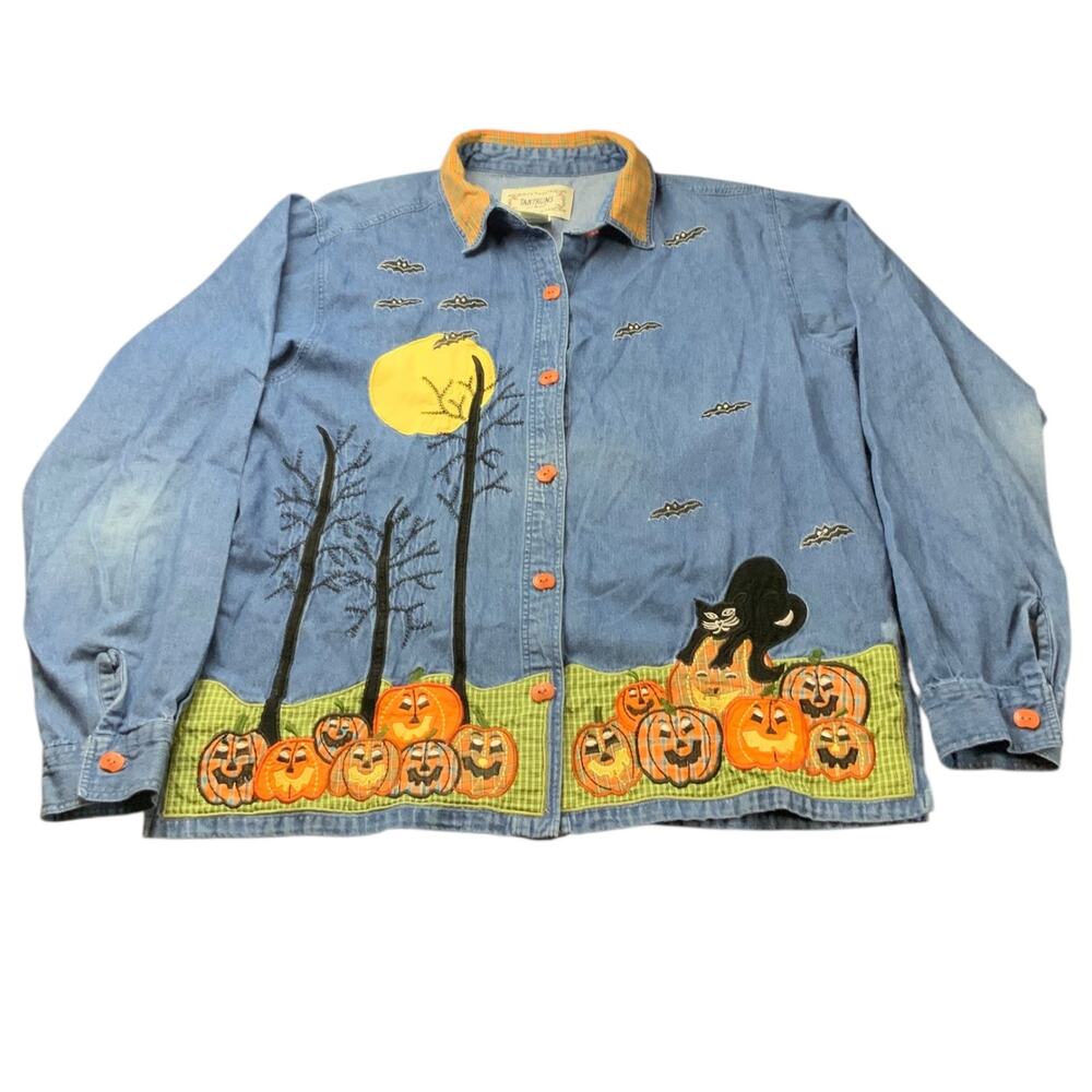 Vintage Tantrums Halloween Denim Shirt L Pumpkin Cat Bats Applique Cottagecore - Picture 2 of 9